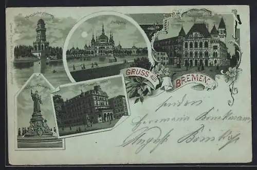 Mondschein-Lithographie Bremen, Hillmanns Hotel, Gerichtsgebäude mit Gustav-Adolf-Denkmal