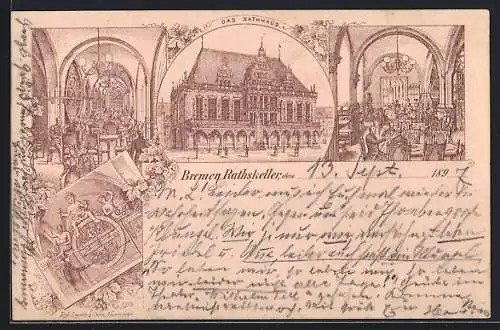 Lithographie Bremen, Gasthof Rathskeller und Rathaus