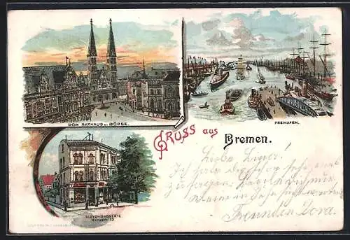 Lithographie Bremen, Lloyd-Drogerie in der Nordstrasse 53, Freihafen, Dom mit Rathaus und Börse