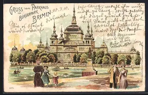 Lithographie Bremen, Blick auf das Parkhaus im Bürgerpark