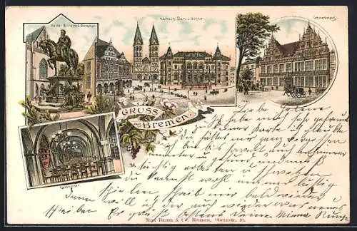 Lithographie Bremen, Rathaus, Dom, Börse, Ratskeller m. Innenansicht & Gewerbehaus