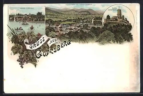 Lithographie Godesberg, Neuer Curpark, Ruine Godesberg, Panorama mit Siebengebirge