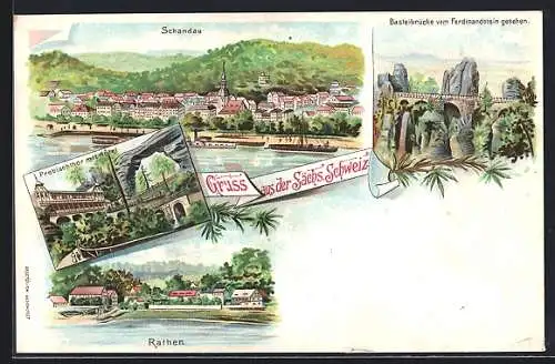 Lithographie Rathen /Sächs. Schweiz, Schandau und Basteibrücke vom Ferdinandstein