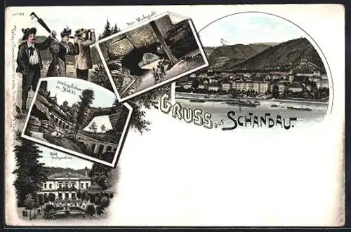 Lithographie Bad Schandau, Prebischtor mit Hotel, Kuhstall, Ortsansicht