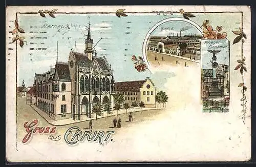 Lithographie Erfurt, Rathaus, Bahnhof und Kriegerdenkmal