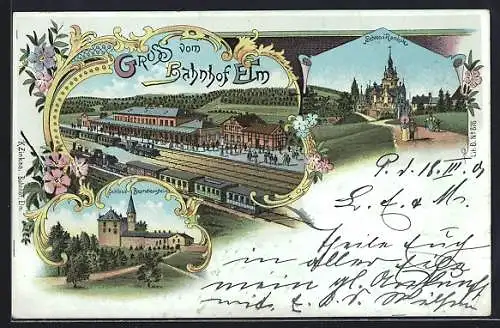 Lithographie Elm, Bahnhof, Eisenbahn, Schloss Ramholz, Burg Brandenstein