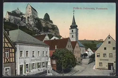 AK Pottenstein / Fränkische Schweiz, Strassenpartie mit Geschäft von Josef Röhrig