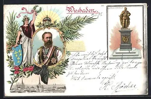 Lithographie Wiesbaden, Ortsansicht, Kaiser Friedrich Denkmal, Kaiser Friedrich