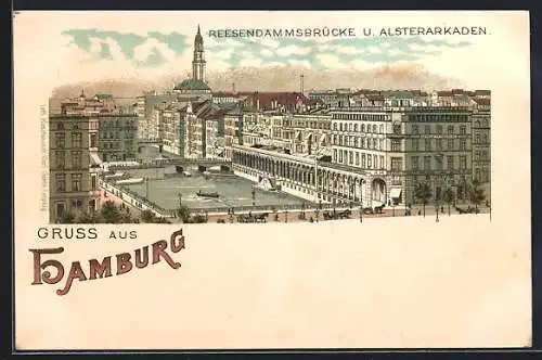 Lithographie Hamburg, Reesendammsbrücke und Alsterarkaden aus der Vogelschau