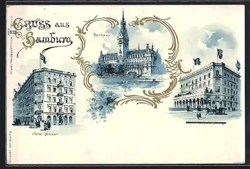 Lithographie Hamburg, Hotel Moser, Rathaus und Hotel mit Fahnen