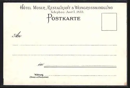 Lithographie Hamburg, Hotel Moser, Rathaus und Hotel mit Fahnen