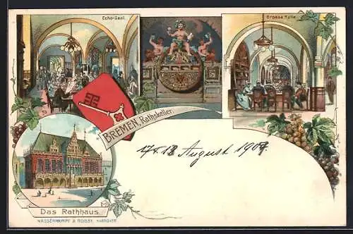 Lithographie Bremen, das Rathaus, Echo-Saal im Ratskeller, der Grosse Saal, das Wappen