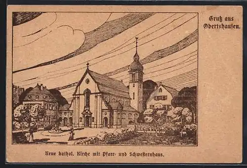 Künstler-AK Obertshausen, Neue kathol. Kirche mit Pfarr- und Schwesternhaus