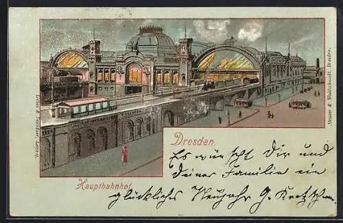 Mondschein-Lithographie Dresden, Hauptbahnhof mit erleuchteten Fenstern