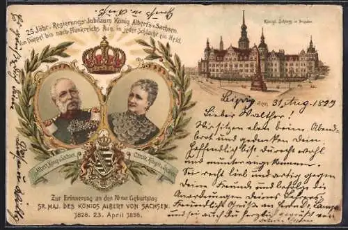 Lithographie König Albert von Sachsen und Königin Carola von Sachsen, Kgl. Schloss in Dresden