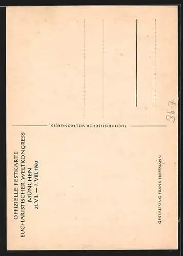 AK München, Eucharistischer Weltkongress 1960, Taube und Kelch über Stadtpanorama