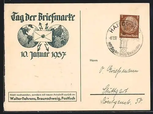 AK Tag der Briefmarke 1937, Weltkugel mit Brief und Blitzen