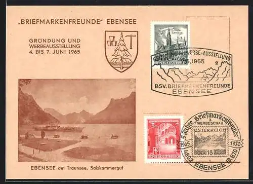 AK Ebensee am Traunsee, Gründung Briefmarkenfreunde u. Ausstellung 1965, Seepartie, Logo