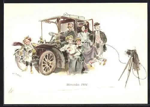 Künstler-AK Mercedes 1904, Familie lässt sich vor dem Auto fotographieren