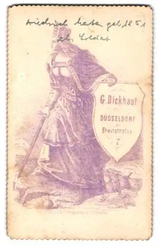 Fotografie G. Dickhaut, Düsseldorf, Breitestr. 7, Germania mit Schwert und Schild samt Fotografen Anschrift