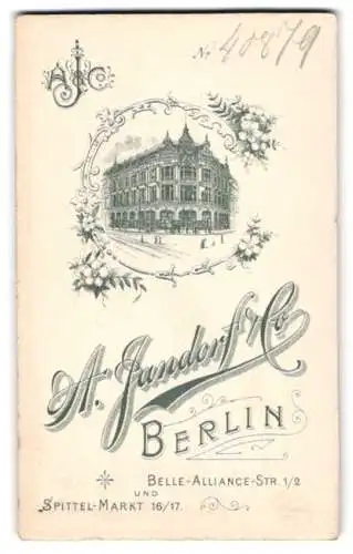 Fotografie A. Jandorf & Co., Berlin, Belle-Alliance-Str. 1 /2, Blick auf das Ateliershaus mit Monogramm des Fotografen