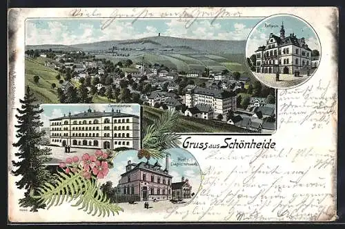 Lithographie Schönheide / Eibenstock, Post und Elektrizitätswerk, Centralschule, Rathaus und Totalansicht