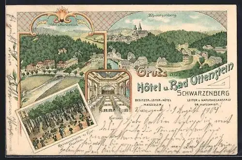 Lithographie Schwarzenberg / Sachsen, Hotel u. Kuranstalt Ottenstein, Kursaal, Aussen- u. Innenansicht, Blick zum Ort