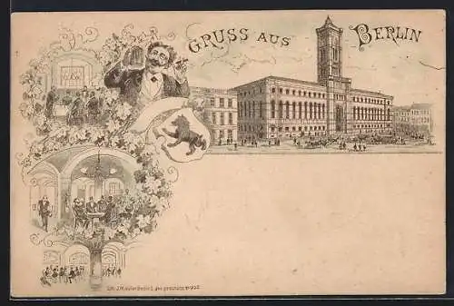 Lithographie Berlin, rotes Rathaus in der Königstrasse