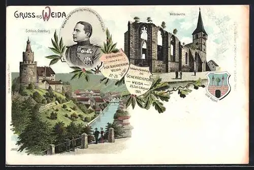 Lithographie Weida / Thür., Grossherzog Wilhelm Ernst, Verbandstag der Thür. Gewerbevereine 1901, Wiedenkirche