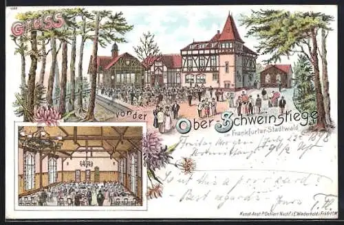 Lithographie Frankfurt / Main, Gasthaus Ober-Schweinstiege im Stadtwald, Gebäudeansicht und Festsaal