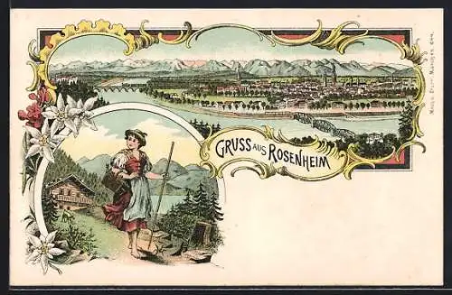 Lithographie Rosenheim / Bayern, Rosenheimerin, Ortsansicht