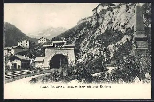 AK St. Anton am Arlberg, Tunneleingang mit Lott-Denkmal