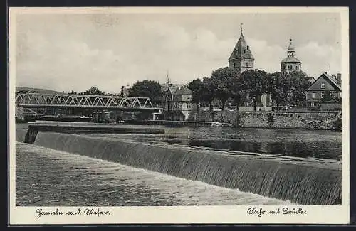 AK Hameln a. d. Weser, Wehr mit Brücke