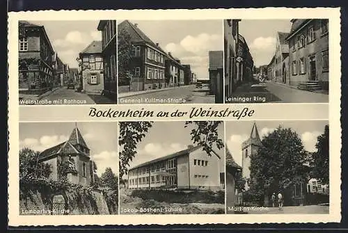 AK Bockenheim / Weinstrasse, Martins-Kirche, Weinstrasse mit Rathaus und Leininger Ring