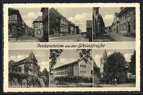 AK Bockenheim / Weinstrasse, Martins-Kirche, Weinstrasse mit Rathaus und Leininger Ring