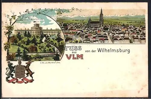 Lithographie Ulm / Donau, Wilhelmsburg, Wappen, Ortsansicht aus der Vogelschau