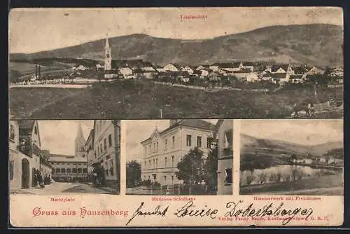 AK Hauzenberg / Niederbayern, Mädchen-Schulhaus, Hammerwerk mit Freudensee, Marktplatz