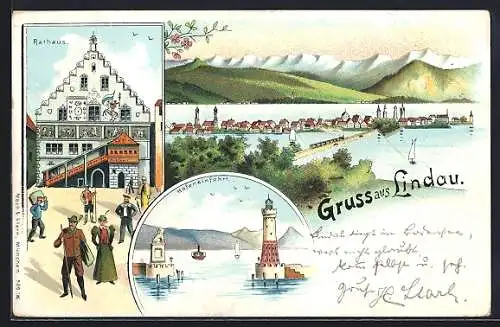 Lithographie Lindau / Bodensee, Rathaus, Hafeneinfahrt, Ortsansicht