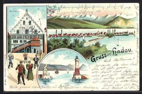 Lithographie Lindau / Bodensee, Rathaus, Hafeneinfahrt, Ortsansicht