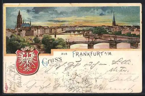 Lithographie Frankfurt, Panorama über den Main mit Brücken und Wappen