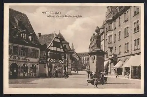 AK Würzburg, Zellerstrasse mit Dreikronenplatz