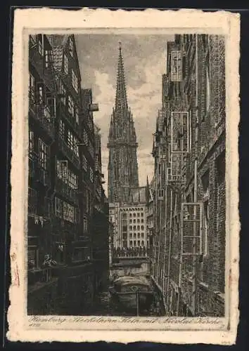 Künstler-AK Hamburg, Steckelhörn mit Nicolai-Kirche