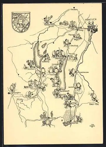 Künstler-AK München, Karte der Umgbung mit wandernden Igeln, Wappen