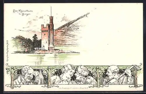 Lithographie Bingen / Rhein, Blick auf den Mäuseturm