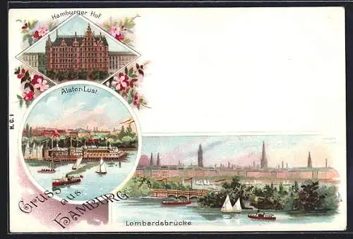 Lithographie Hamburg-St. Georg, Hotel Hamburger Hof, Alster-Lust, Lombardsbrücke, Dampfer, Segelboote