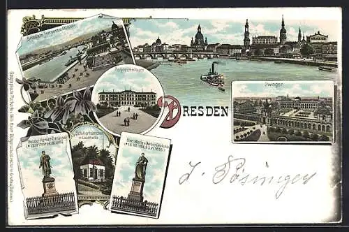 Lithographie Dresden, Zwinger, Schillerhäuschen in Loschwitz, Brühl`sche Terrasse und Elbquai