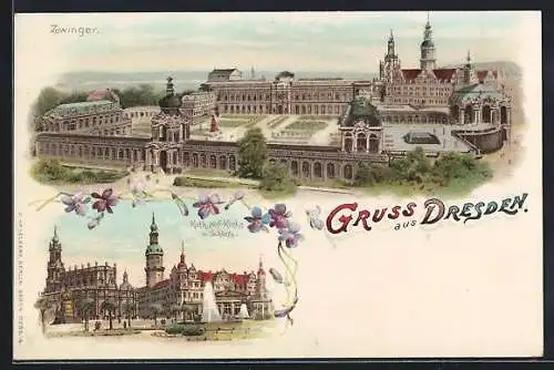 Lithographie Dresden, Zwinger, Kath. Hofkirche und Schloss