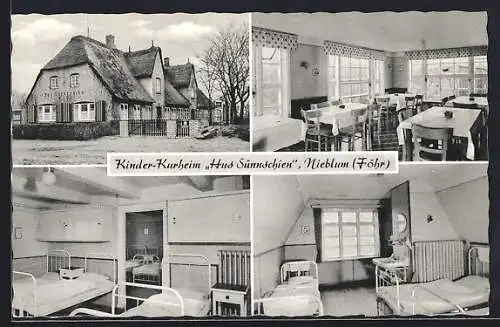 AK Nieblum /Föhr, Kinder-Kurheim Hus Sünnschien, Schlafzimmer und Essensraum