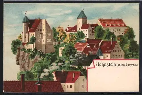 Lithographie Hohnstein i. sächs. Schweiz, Ortsansicht