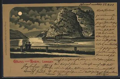 Lithographie Sankt Goarshausen / Rhein, Blick auf die Loreley